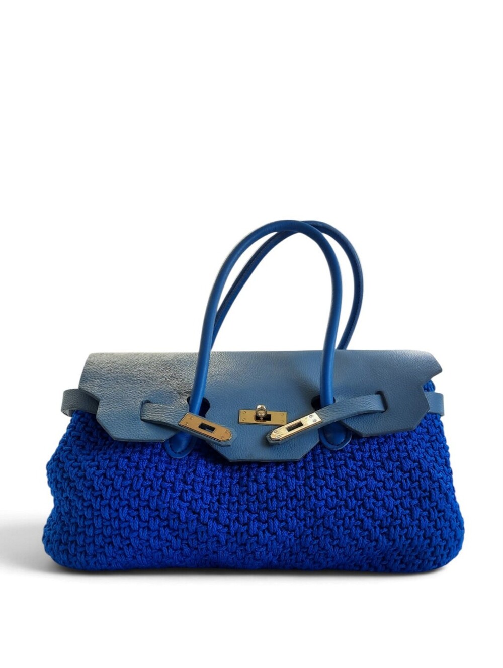 Handmade Crochet Satchel Royal Blue Monochrome Top Handle Bag Flap Large
